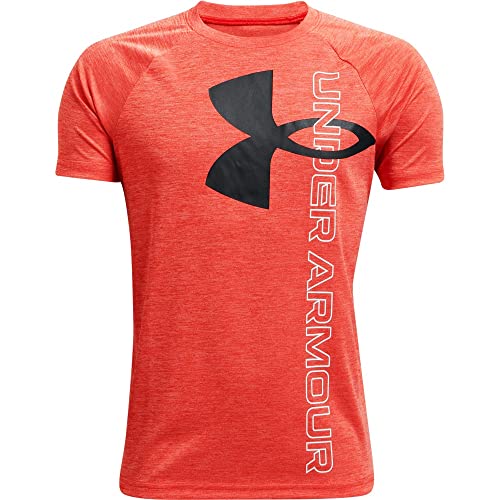 Image of Under Armour Boys' Tech Split Logo Hybrid Short-Sleeve T-Shirt , Dark Orange (860)/Black, Youth Medium