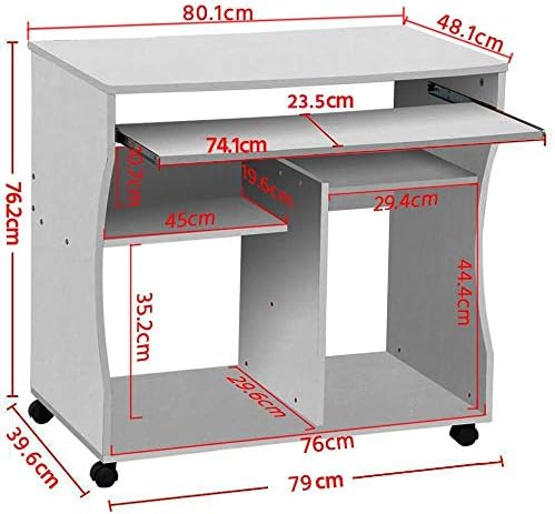 Yaheetech Movable Computer Office Desk Table Workstation Home Office Furniture with Sliding Keyboard 2 Shelves Study Workstation on Wheels White 80.1 x 48.1 x 76.2 cm