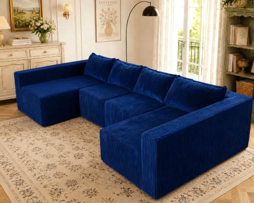 Image of Claiks 128 inch U Shaped Boneless Couch, Corduroy Sectional Sofa, Blue