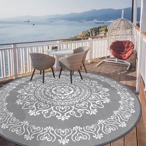 Pauwer Waterproof Outdoor Rug 8ft, Reversible Plastic Straw Patio Camping Rug, Indoor Outdoor RV Mat Carpet for Deck, Camper, Porch, Balcony, Backyard, Picnic, Floral Grey