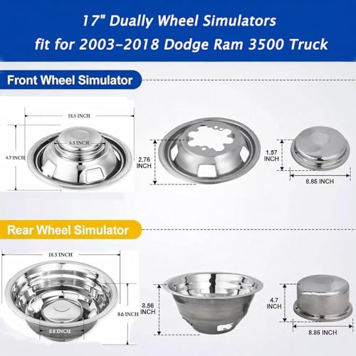 Image of 4pcs Polished 17 inch Stainless Steel Dually Wheel Simulators fit for 2003-2018 Dodge Ram 3500 Truck,8 Lug with 5-Vent Holes Wheel Cover with Removable Centre Cap, Screw On Hupcap 17R8