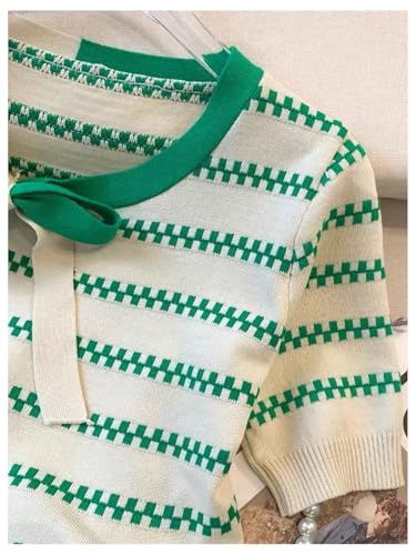 WDIRARA Women's Striped Short Sleeve Sweater Bow Tie Neck Color Block Tee Knit Pullover Tops4