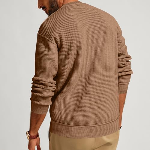 Long Sleeve Shirts for Men Round Neck Button Henley Shirts Trendy Solid Color Waffler Sweatshirt Casual Slim Fit Shirt3