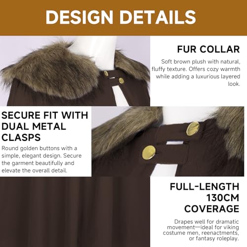 Viking Cloak Shoulder Cape with Fur - Medieval Long Cape Mens, King Costume for Halloween, LARP Cosplay (Brown) by AQEWK - Image 4