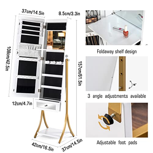 Tektalk 47.2" Jewelry Armoire With Fingerprint Lock, Wall/Door Mounted Jewelry Cabinet With 3 Color Interior Led Lights & Interior Makeup Mirror, Shiny Makeup Brush Bag & Watch Storage - White #TOP6