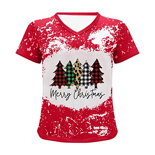 Christmas T-Shirts For Women Teens Girl, Plaid Xmas Tree Graphic Bleached Short Sleeve Tees Top Casual Holiday Clothes, Green, X-Large #TOP4