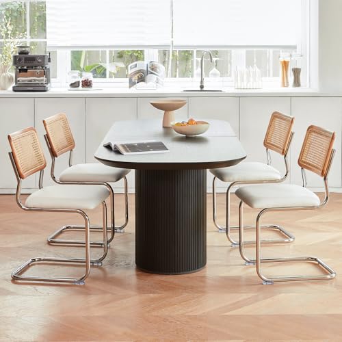 GrandNoor White Rattan Dining Chairs Set of 4,Wooden Mid-Century Modern Kitchen Chairs, Mesh Back Cane Dining Room Chairs, Cesca Design Chair with Metal Chrome Legs