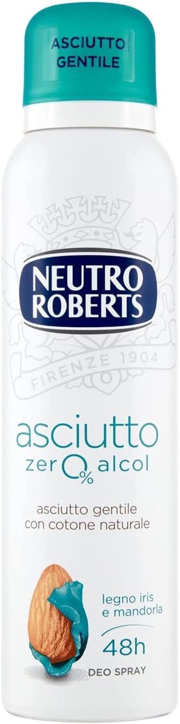 6 X Neutro Roberts, deodorante Asciutto Spray Iris e Mandorla, senza alcool e con Rockalaun, anti sudore, deodorante unisex, 150 ml + portachiavi Beni Culinari