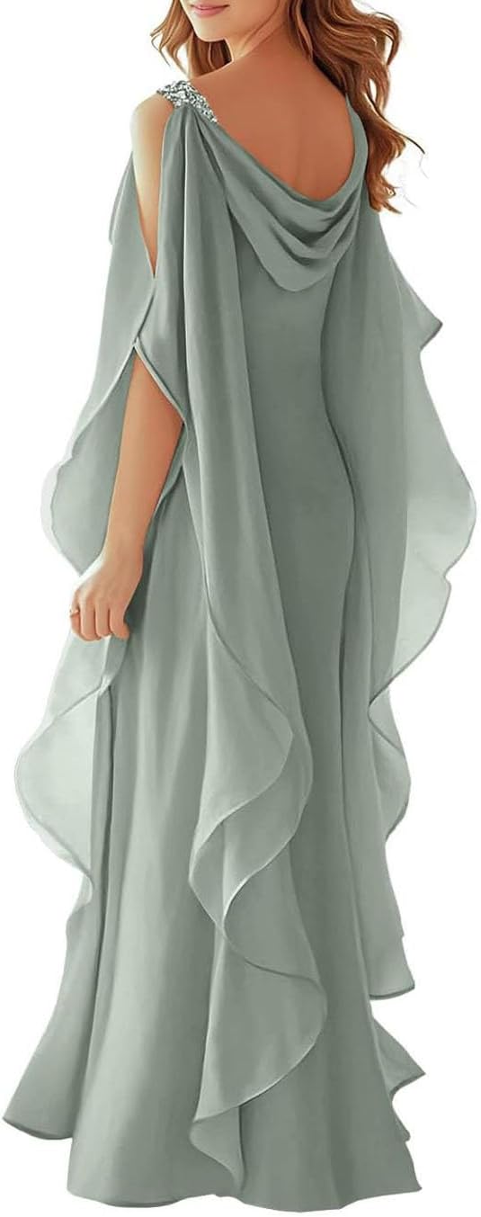 Women's Loose-fit Elegant Chiffon Mother of The Bride Dress Plus Size Evening Gown Cowl Neck Long Sleeve Floor-Length