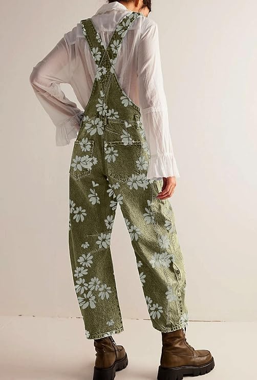 utcoco Women's Floral Print Denim Overalls One Piece Boyfriend Loose Fit Barrel Leg Jumpsuits