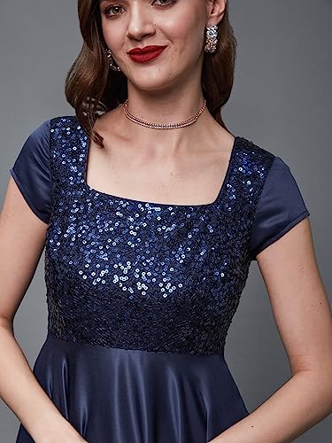 Image of Miss Chase Women's Halter-Neck Cap-Sleeve Pleated Embellished Georgette Maxi Dress
