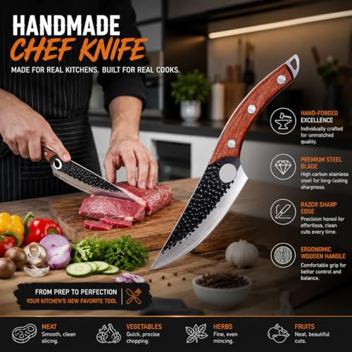 Image of Professional Japanese Kitchen Knife with Wooden Handle | Ultra Sharp Chef Knife for Meat, Vegetable & Fruit Cutting | Premium Damascus Steel Cooking Knife