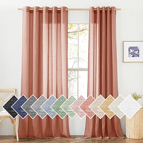 NICETOWN Linen Semi Sheer Curtains for French Door, Grommet Rustic Farmhouse Linen Curtains & Drapes Privacy with Light Through for Bedroom/Home Office, Burnt Orange, W70 x L96, 1 Pair