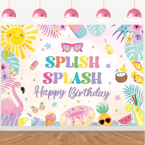 Summer Birthday Backdrop Splish Splash Happy Birthday Backdrop Summer Water Splash Tropical Pool Party Decorations Banner Photo Booth Props (82x59 inch (7x5FT)) by APDECCLK - Used condition - US$8.50