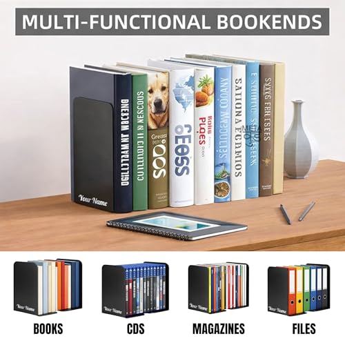 Image of 2 Heavy Duty Metal Bookends for Books | File, CD, Book Holder, & Durable Book Stand for Home, Office, School & Study Table Heavy Duty bookends (Set of 2) (Customised Your Name)