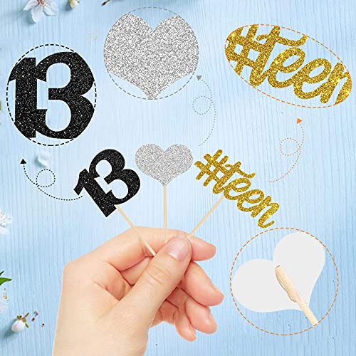 Image of Festiko24 pcs Teen 13th Cupcake Toppers, 13th Birthday Anniversary Party, Thirteen Years Old Happy Birthday Cupcake Picks (Gold, Black, Silver)