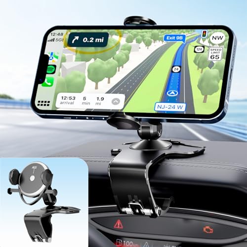 Dashboard Car Phone Holder Universal 360 Rotation Dash Phone Mount for Car Multifunctional Dashboard Clip Phone Bracket Hands-Free Cell Phone Holder Stand Compatible with iPhone & Android (Black)