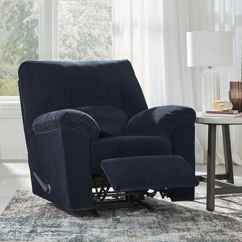 Image of Signature Design by Ashley Rocker Recliner Chair, Navy Blue, SimpleJoy | 100% polyester chenille, Rocking chair nursery, Manual reclining mechanism, 12 in wall clearance, Plush pillow-top armrests