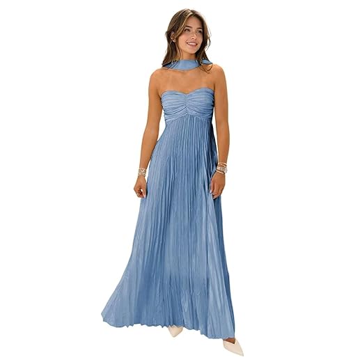 Women's Strapless Chiffon Bridesmaid Dresses with Scarf Long A-Line Pleated Formal Evening Dress WA096