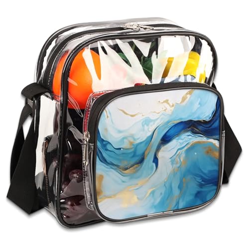 Clear Crossbody Bag Stadium Approved Luxury Blue Transparent Bag for Festivals, Sports Events, Concerts,Beach Bag for Women Men Dynamic Fluid Design Clear Purse with Front Pocket Messenger Bag
