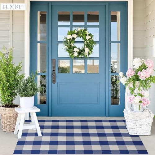 SEEKSEE Buffalo Plaid Outdoor Rug 3' x 5' Blue and White Front Door Mat, Layering Rug for Porch, Summer Doormat, Front Porch Rug for Outdoor Entrance Entryway Patio Porch Decor