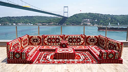 Red Arabic Floor Sofa Cover, Sectional Sofa, U Shaped Pallet Cushion, Ethnic Pillow Set, Indoor Sofa Set, Garden Sofa Set, Reading Pillow Set, Pull Out Sofa Bed, Couch Covers (U Sofa + Rug + Ottoman) #TOP25