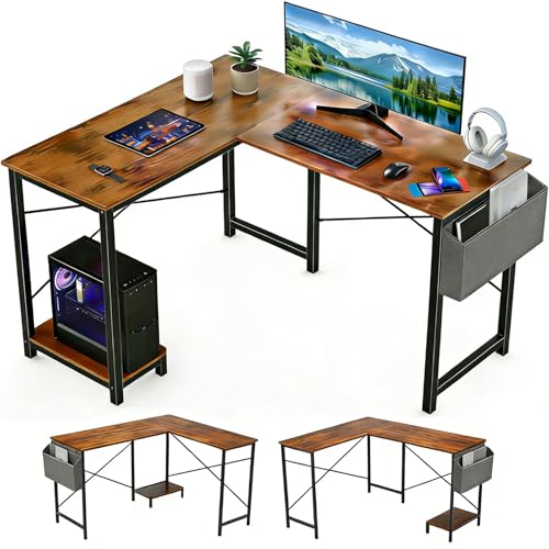 SageNest L-Shaped Corner Home Office Computer Desk, Gaming Desk with CPU Stand Shelf and Hanging Storage Pocket, Student Study Writing Table, Sturdy Metal Frame, 43.3' D x 50' W, Rustic Brown