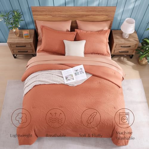 Geniospin King Size Comforter Set - 7 Pieces Burnt Orange Bedding Set, Botanical Textured Comforter Set, All Season Lightweight Bed in a Bag with Comforter, Sheets, Pillowcases & Shams by Geniospin - Image 4
