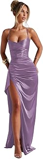 Ruffle Satin Prom Dresses for Women Spaghetti Strap Bridesmaid Dress with Slit Long Formal Gown - Buy now
