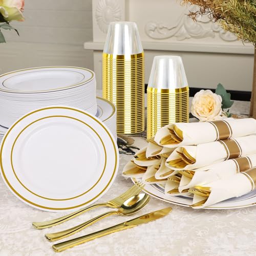 Zcaukya 350PCS Gold Dinnerware for 50 Guests, Plastic Plates for Party, 50 Pre-rolled Napkins,100 Gold Plates, 50 Cups, 50 Spoons, 50 Forks and 50 Knives
