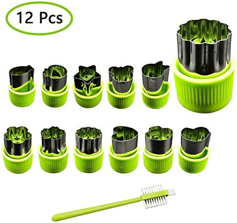 Vegetable cutter shape set, Mini Fruit and Biscuit Molds, Biscuit Cutter Decorating Food, Children Baking and Food Supplement Tools Accessories Crafts Kitchen with Cleaning Brush - (12 pieces Green)