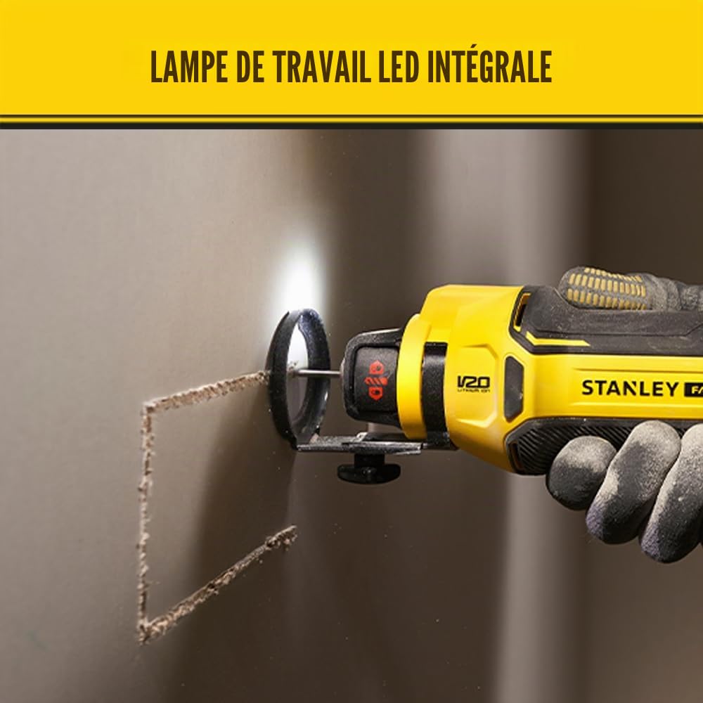 Stanley Sierra de Corte pour Panel yeso V20 Li-ION 18V, velocidad 26.000 RPM, diámetro de pinzas 3, 2 mm (1/8"), 6, 35 mm (1/4"), Luz LED. Sin cargador/batería. pour Pros et bricoleurs