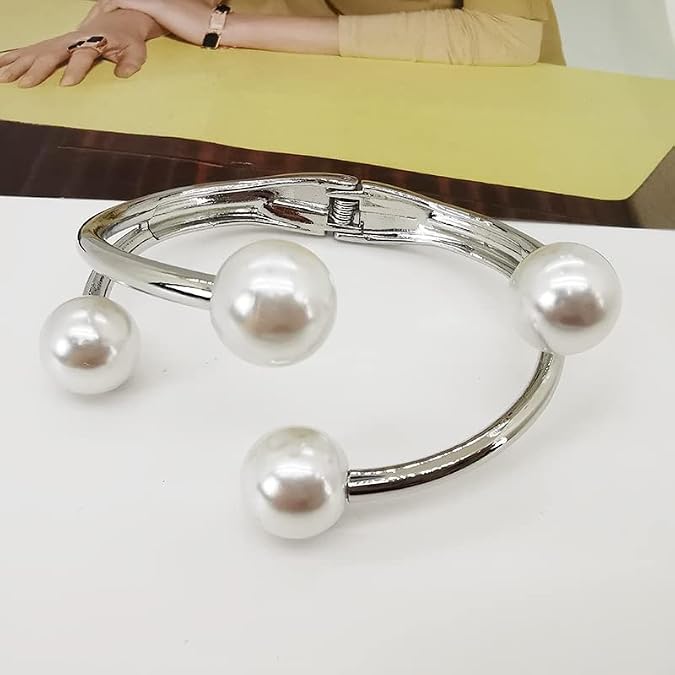 Silver Pearl Bracelets for Women Wrist Cuffs Womens Bracelet Metal Hinged Cuff Bangle Screw Bracelet, Silver