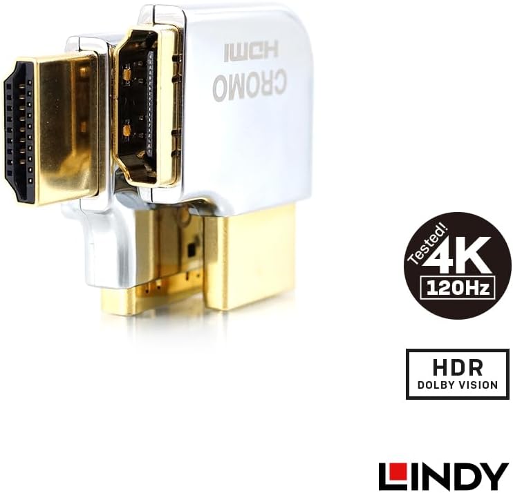 Lindy CROMO HDMI 2.0 Type-A Male to Female Zinc Alloy Gold Plated Converter Adapter, Horizontal Left Angled 90 Degree (Model Number: 41508)