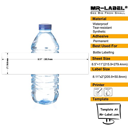 Mr-Label 8.11"&times;2" Waterproof Matte White Water Bottle Labels &ndash; for Inkjet/Laser Printer &ndash; Self-Adhesive Wraparound - for Wedding|Baby Shower|Corporate Event (10 Sheets Total 50 Labels)