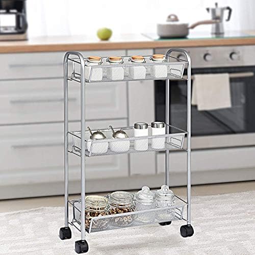 CASART 3-Tier Mesh Rolling Utility Cart, Metal Storage Trolley with Lockable Wheels, Multifunction Organizer Shelf Serving Cart for Bathroom Bedroom Kitchen Office (Grey)