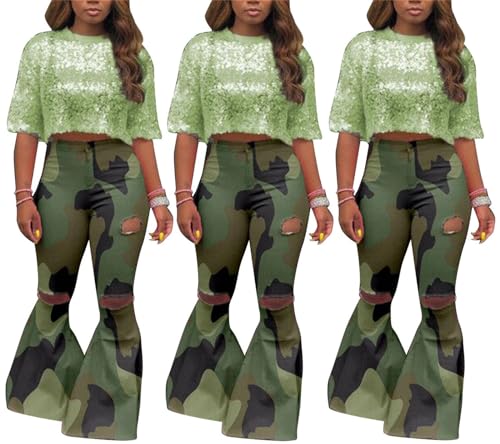 Lucuna Women's Camo Pants Flare Jeans High Waisted Y2K Camouflage Army Fatigue Ripped Bell Bottom Denim Pants4