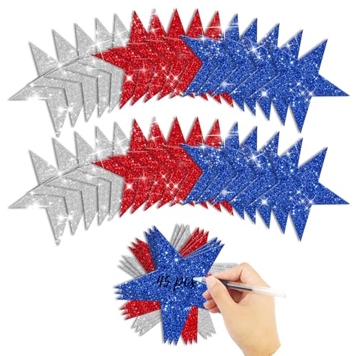 Asofelk 45PCS Red and Blue Paper Star Cutouts, Patriotic Glitter Stars Cutouts for Home Decoration, Cardboard Red and Blue Stars, Glitter Double Printed Paper Star Cutout for DIY Crafts