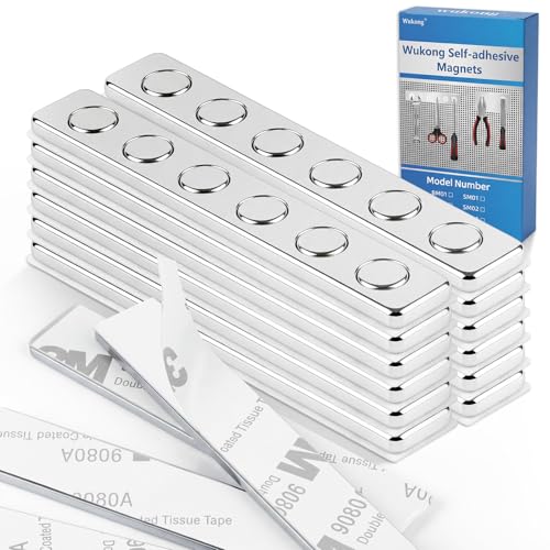 Wukong 12 Stück Selbstklebende Magnete Stark Neodym Magnete mit 3M Kleber Flache Klebemagnete 6x2mm mit Metallplatte 64x10x2mm Magnetband für Küche Büro Werkstatt