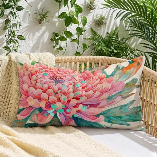 Coussin extérieur imperméable rose fleur taie lin salon jardin - 3