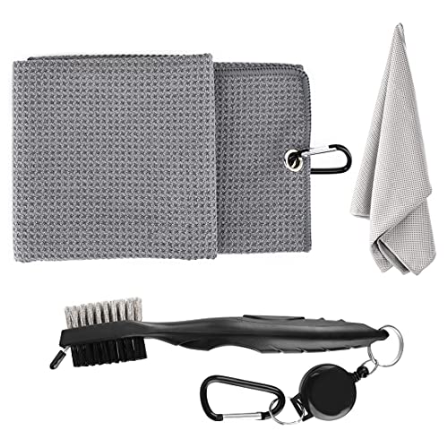 Golf Towels, Rescoto Golf Towel Golf Club Brush Sport Cooling Towel Set Microfiber Waffle Pattern Tri-fold Towel Club Groove Cleaner Brush with Clip Golf Gifts for Men Women