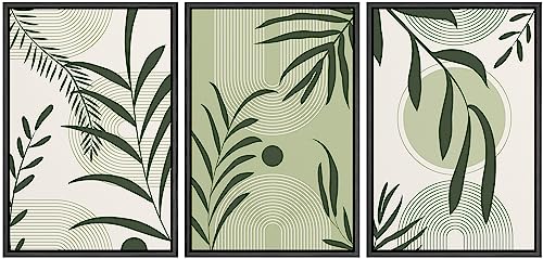 NWT Framed Canvas Print Wall Art Set Mid-Century Modern Sage Green Tropical Leaf Nature Wilderness Illustrations Modern Art Decorative Minimalist Floral Botanical for Bedroom - 16"x24"x3 Black