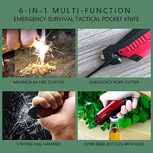7-In-1 Dispatcher Tactical Knife With Glass Breaker, Seatbelt Cutter,Steel Serrated Blade,Flashlight,Fire Starter,Bottle Opener And Carrying Bag, Good For Military Emergency Outdoor Rescue (Red) #TOP4