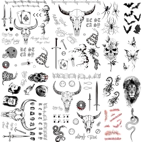 12 Sheets 90+ PCS Halloween Face Temporary Tattoos Stickers, Halloween Face Fake Tattoos Spider Bat Snake Skull Lion Tattoos Halloween Makeup Kit For Women Girls Halloween Masquerade Party