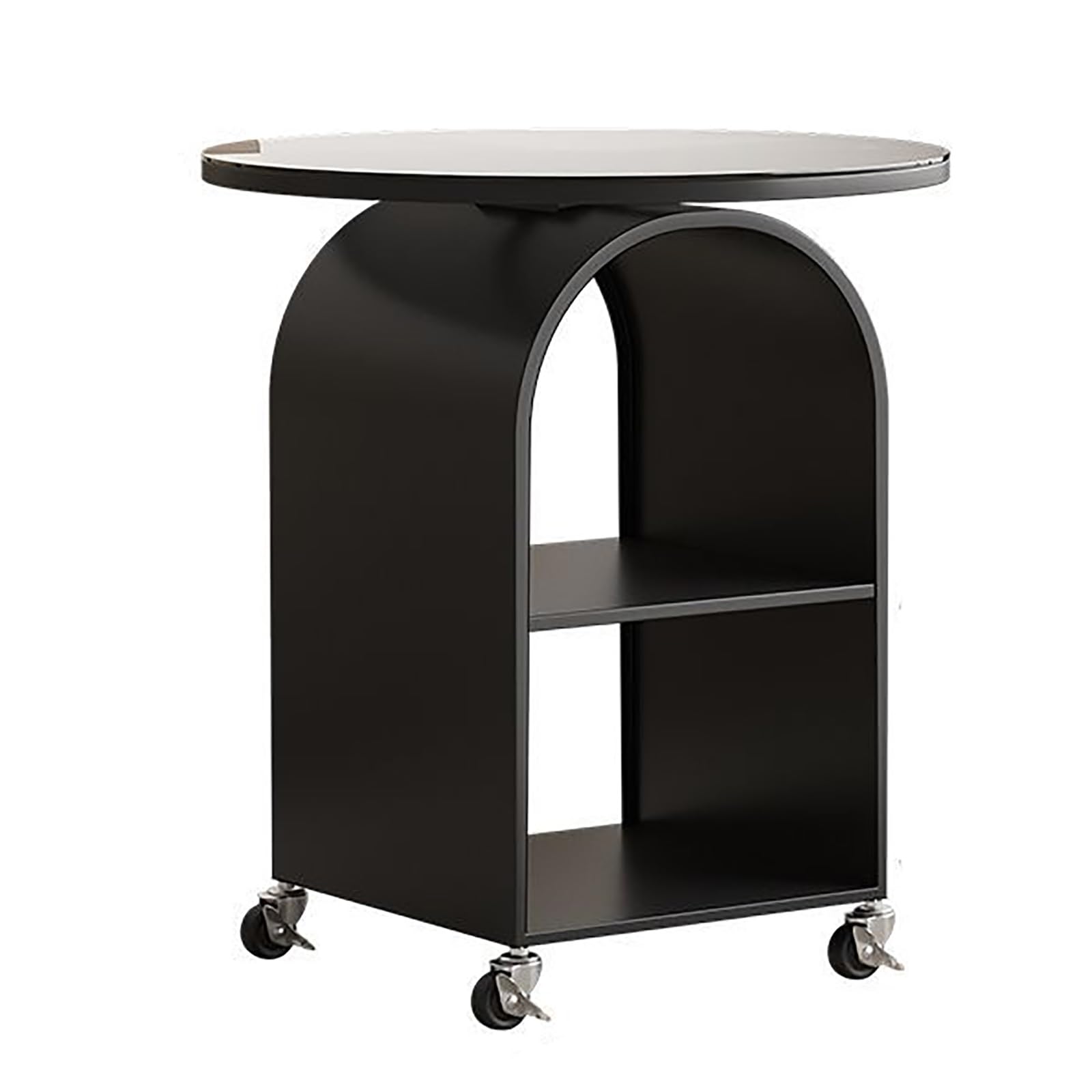 SXZenSpace Rolling End Table with Wheels Arched Design Sofa Side Round Glass Tabletop rolling for Living Room Bedroom(Svart)