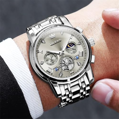 Image of OLEVS Watches Men Waterproof Luxury Big Face Mens Watch Stainless Steel Quartz Analog Dress Watches for Men Luminous Multifunction Man Watch Relojes De Hombre