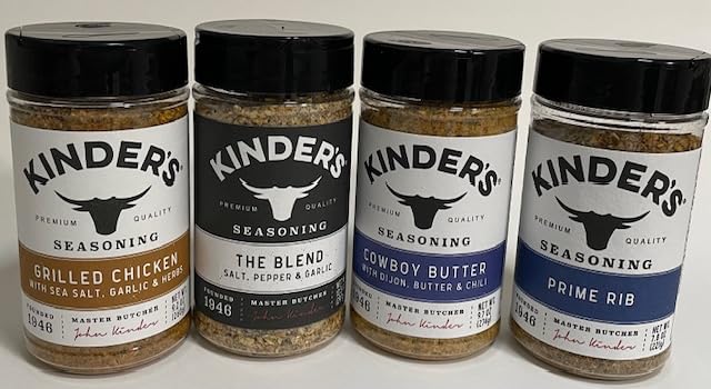 Seasoning Set, KINDERS, Grilled Chicken 9.2oz, Cowboy Butter 9.7oz, Prime Rib 7.8oz, The Blend 10.5oz, Pantry Essential Assortment, Variety 4 Pack, Spices Rubs Seasonings