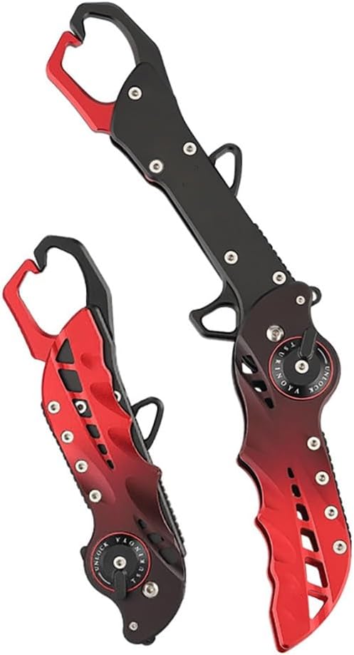 Red Fish Lip Gripper with Fishhook pliers Set, Aluminum Alloy Foldable Fishing Clip, Control fish clamp, Hands Strap Anti Slip Preventing fish from escaping, With Anti-lost rope Fish clamp tool