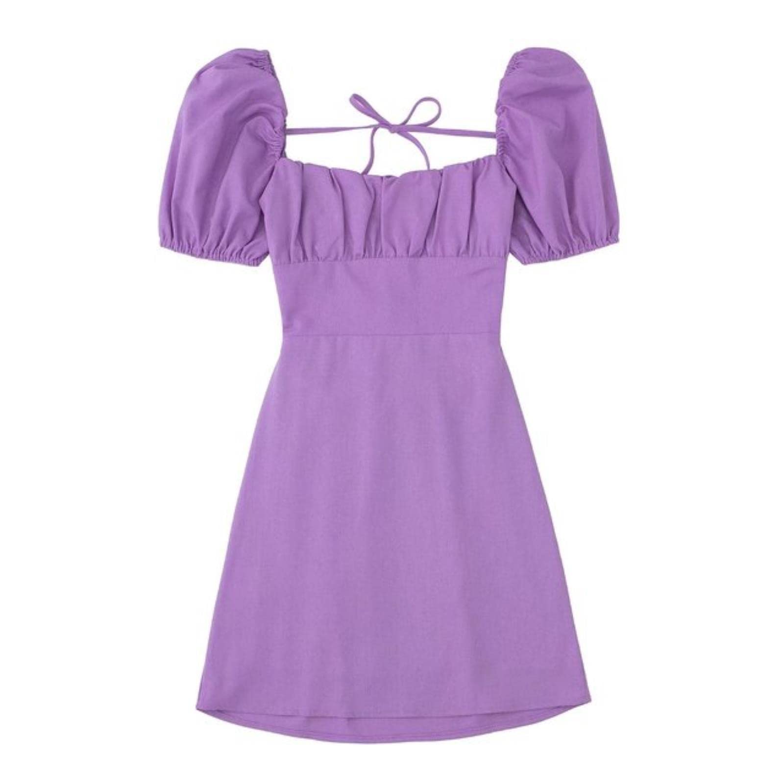 Abito da donna alla moda con scollo quadrato senza schienale maniche a sbuffo busto elasticizzato e vita abito corto bianco estivo