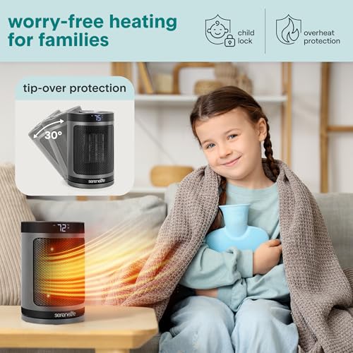 SereneLife Portable Space Heater – 1500W Indoor Electric Heater with Thermostat, Remote Control, 12-Hour Timer, Wi-Fi Enabled PTC Ceramic Heating for Home and Office, Gray (5.9" x 5.9" x 9.5") by SereneLife - Used condition - CA$41.69